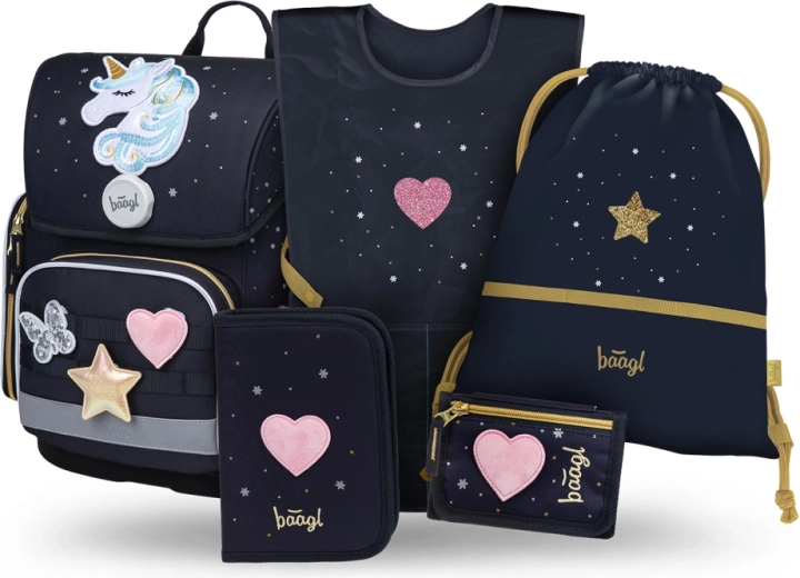 Baagl set scolastico 5 pz Ergo Unicorn Gold – cartella, astuccio, sacca, grembiule e portafoglio