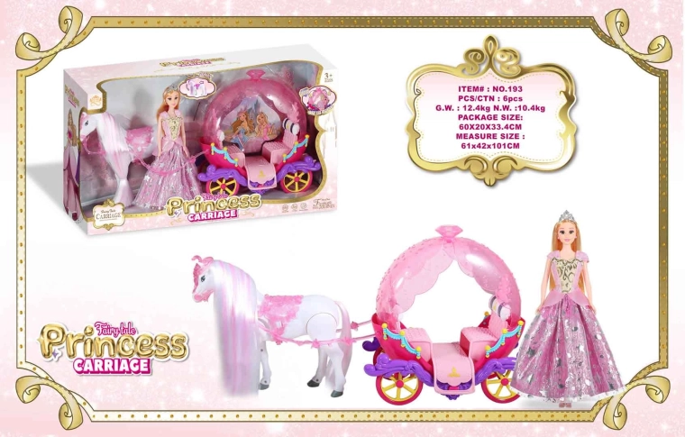 Carrozza rosa con cavallo bianco e bambola principessa