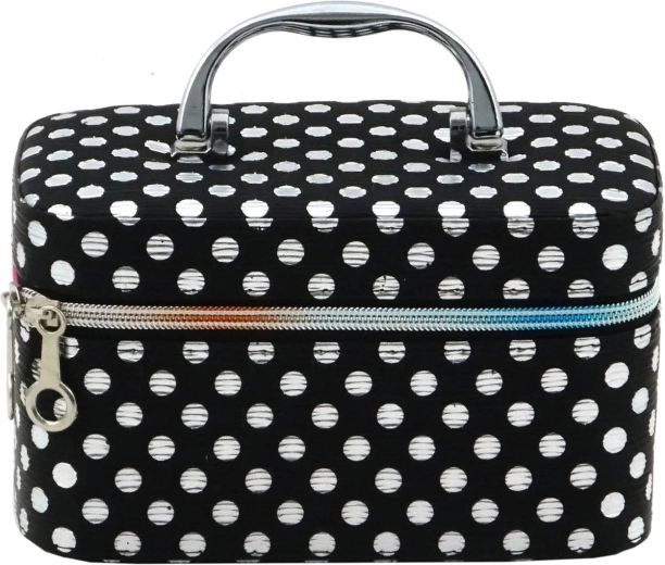 Valigetta cosmetica per bambini con specchietto e chiusura a zip, nera con pois argentati (misura S)
