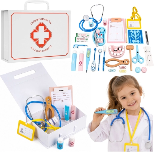 Valigetta medica in legno per bambini con accessori, 36 pezzi
