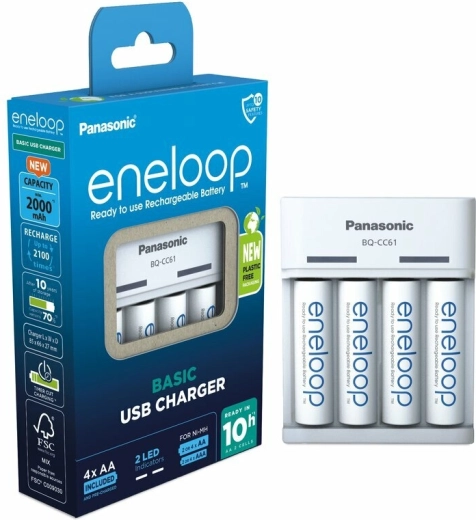 Caricabatterie USB Panasonic Eneloop EKO BQ-CC61 + batterie ricaricabili AA 2000 mAh (4 pz)