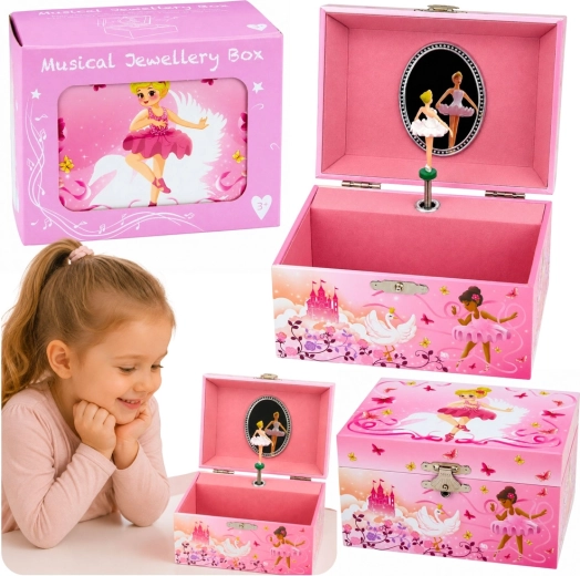 Portagioie musicale rosa a carica con ballerina e specchietto per bambini