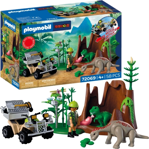 Playmobil Dinos ricercatore con quad e cuccioli di dinosauro, 58 pezzi