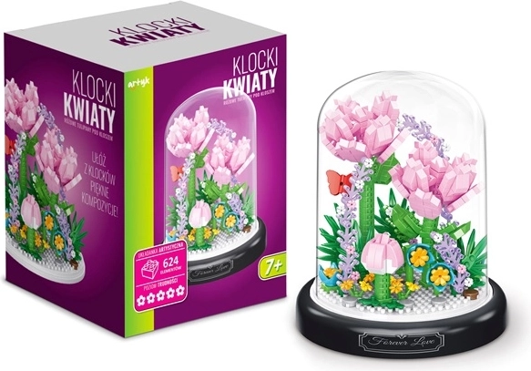 Set di costruzioni: tulipani rosa sotto una campana trasparente (624 pezzi)