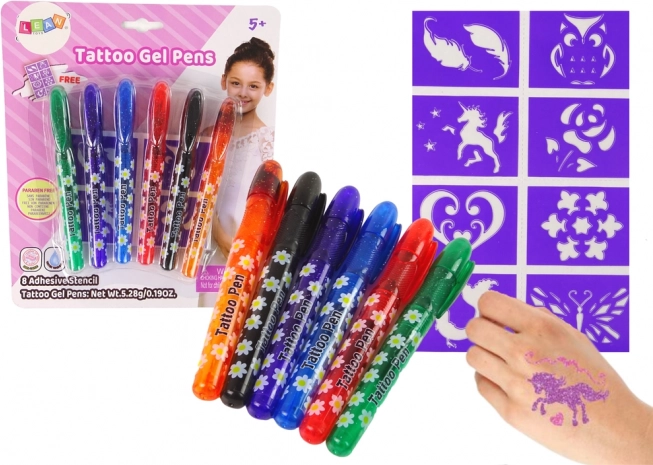 Pennarelli gel per tatuaggi per bambini – set di 6 pennarelli glitterati e stencil