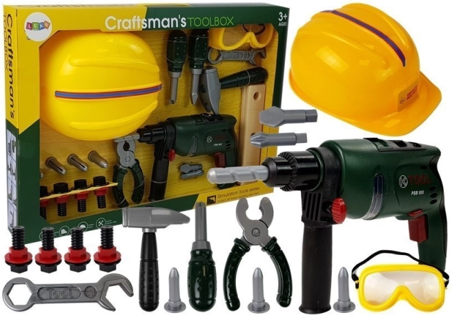 Set di attrezzi da officina per bambini con trapano, occhiali protettivi e casco
