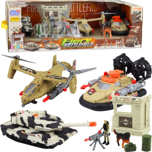 Set militare – elicottero, carro armato e hovercraft con soldati e base con luci e suoni