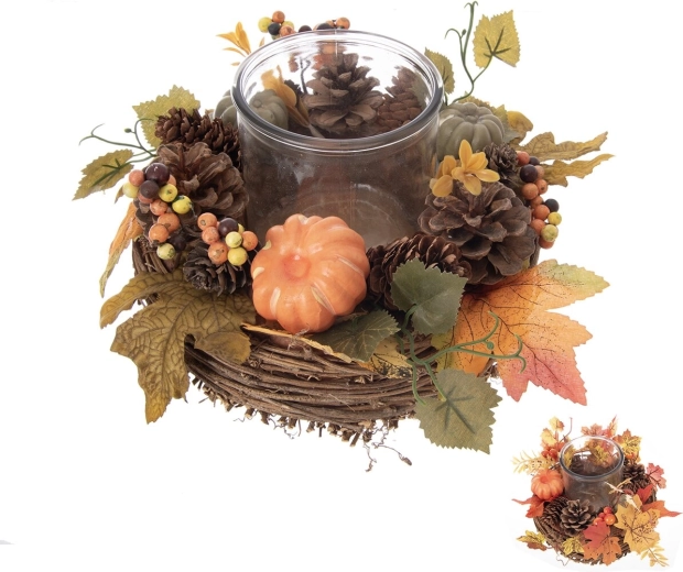 Portacandela autunnale in rattan e vetro diametro 21 cm (2 varianti)