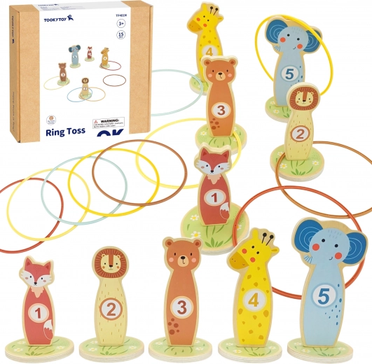 Gioco di lancio in legno con anelli TOOKY TOY – animaletti, 15 pezzi
