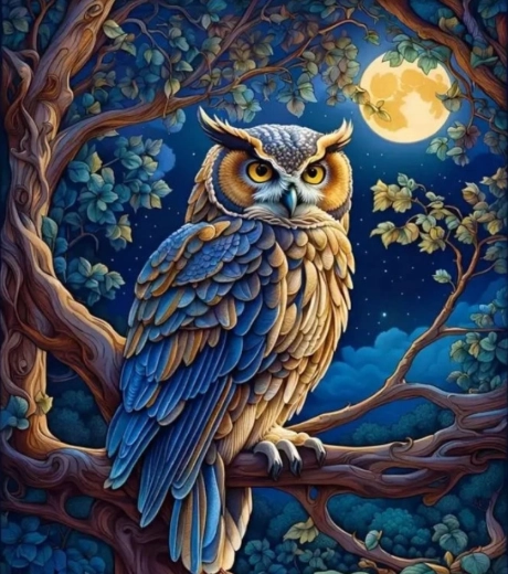 Pittura con diamanti – gufo alla luna piena 30 × 40 cm