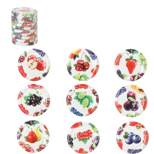 Set di coperchi per barattoli 66 mm con motivo frutta, 10 pz