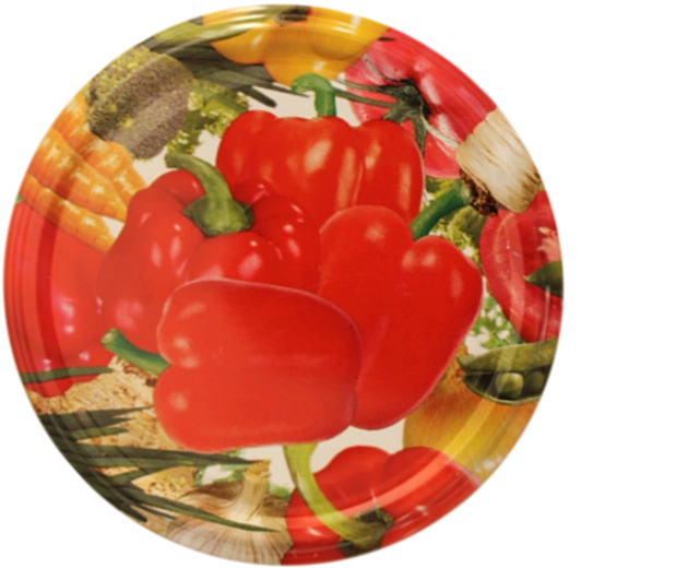 Coperchio metallico per conserve 82 mm con motivo peperoni, 6 ganci