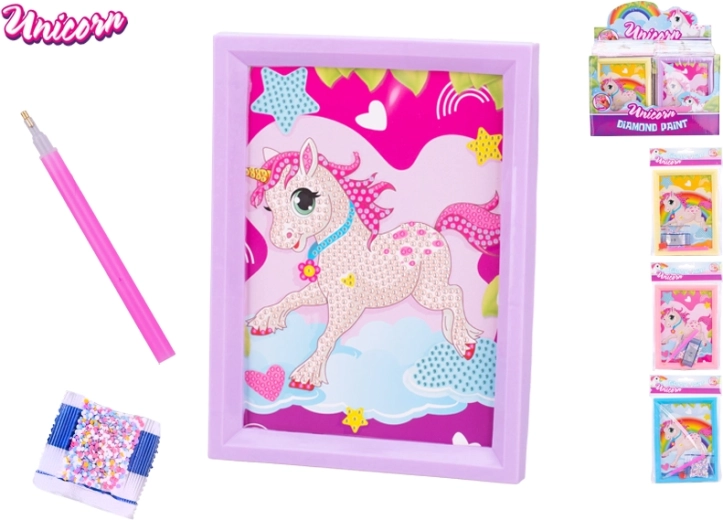 Set per incollare pietrine colorate Unicorno con cornice