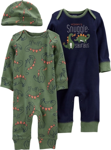 Set Carter's da 3 pezzi per neonato dino: 2× tutine con bottoni a pressione senza piedini e cappellino