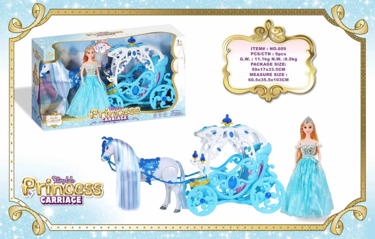 Carrozza blu con cavallo bianco e bambola principessa