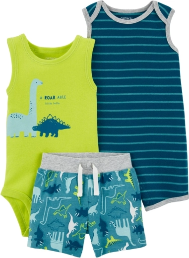 Set estivo Carter's per ragazzi Stripes Dinos – tutina a maniche corte, body senza maniche e pantaloncini (3 pezzi) – 6m