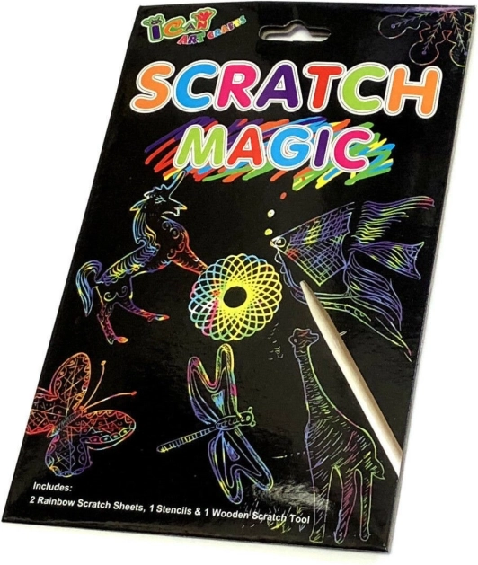Fogli scratch arcobaleno con stencil e penna in legno