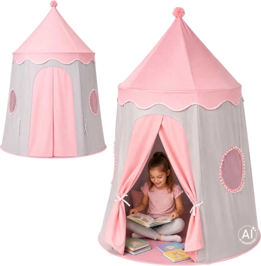 Tenda gioco pieghevole per bambini a forma di castello grigio-rosa