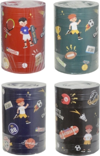 Salvadanaio in latta con motivo sportivo