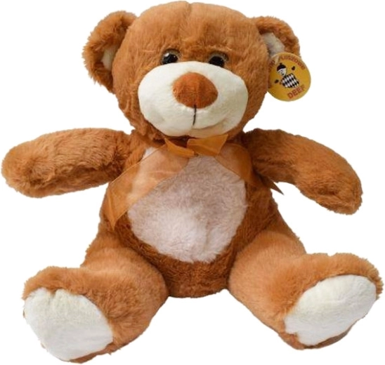 Orsetto di peluche con pancino chiaro e fiocco in tulle marrone