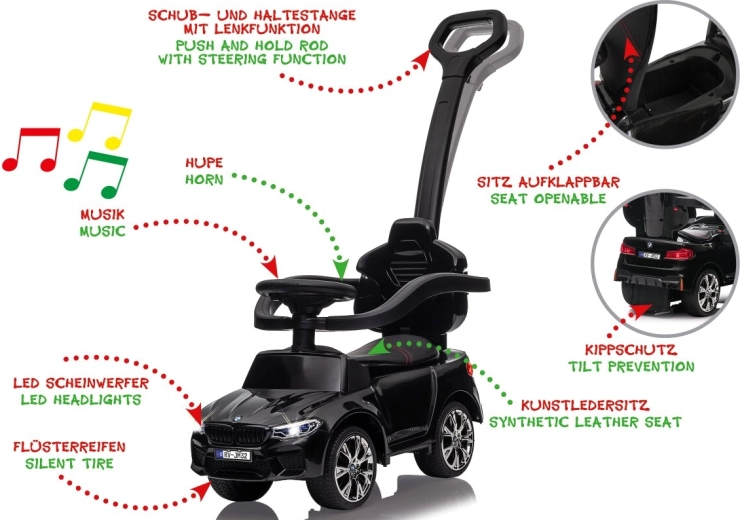 Monta cavalcabile per bambini BMW M5 2 in 1 con barra di spinta e sterzo, nera