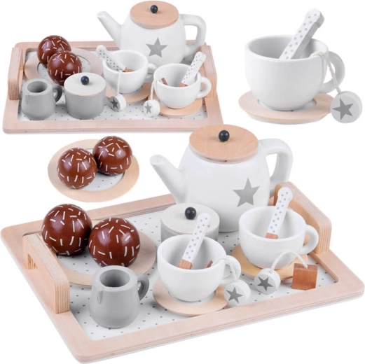 Set da tè in legno con stelline, beige‑bianco, su vassoio
