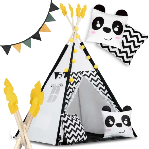 Tenda tipi per bambini con ghirlanda e lucine Nukido – bianco‑nero con panda