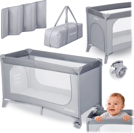 Lettino da viaggio Ricokids con materasso e borsa grigio