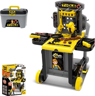 Banco da lavoro per bambini con attrezzi, armadietto e carrello