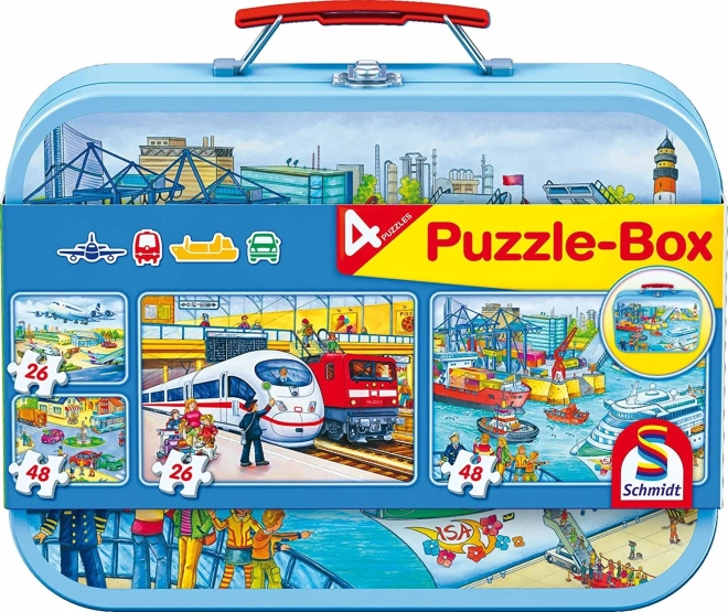 Puzzle trasporti 4 in 1 in valigetta di latta