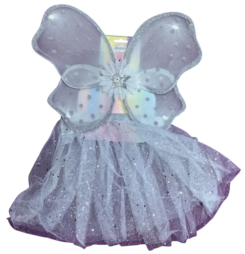 Costume da fata con ali argentate e tutu bianco