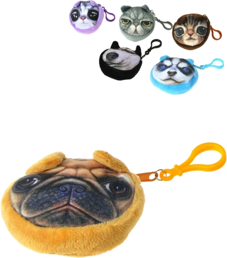 Portamonete rotondo in peluche per bambini con cagnolino e moschettone 9 cm - 1 pezzo