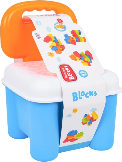 Set di morbidi mattoncini da costruzione con sgabello contenitore blu