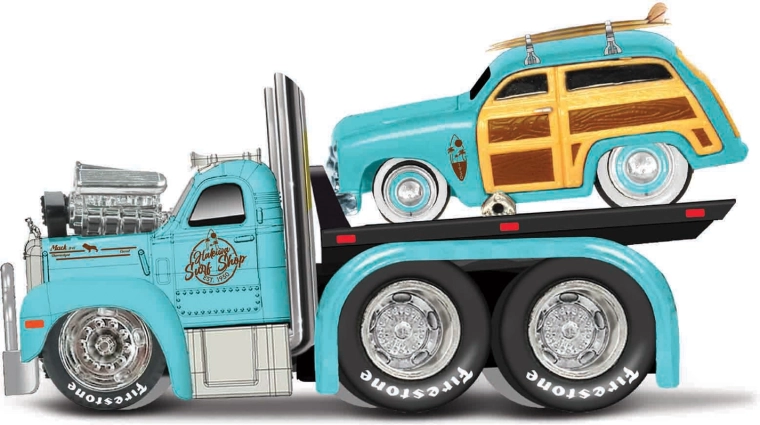 Maisto Muscle Transports 1953 Mack B-61 pianale con 1950 Ford Woody 1:64