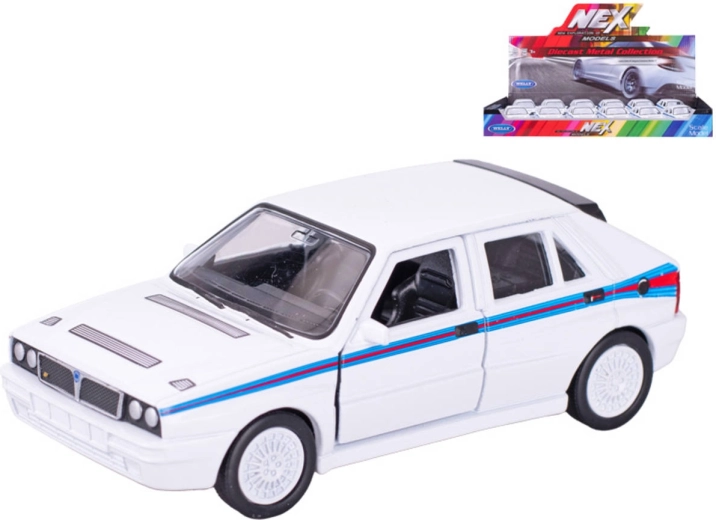 Modello auto Welly Lancia Delta HF Martini con retrocarica bianca 11,5 cm