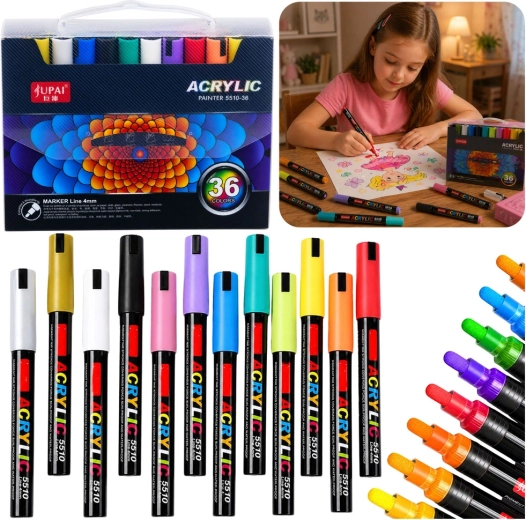 Set di pennarelli acrilici impermeabili in valigetta, 36 pz