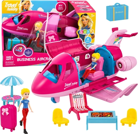 Aereo pieghevole per bambole – set da viaggio con accessori 9 pz, rosa