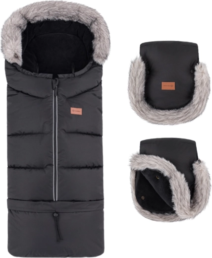 Petite&Mars set invernale: sacco termico Arctic 4v1 + guanti per passeggino Furry forever black