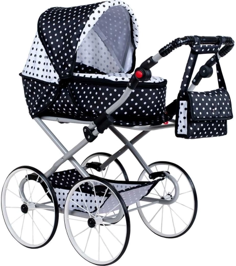 Passeggino retrò per bambole 2 in 1 NEW BABY Natálka, bianco‑nero