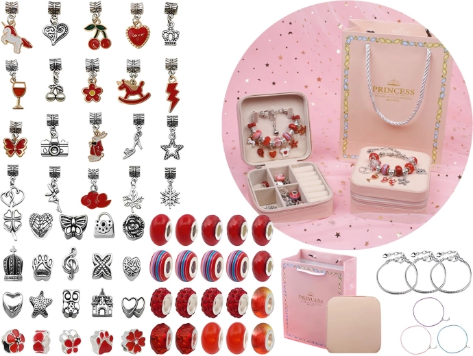 Set per creare gioielli e braccialetti con ciondoli e perline nelle tonalità del rosso con custodia