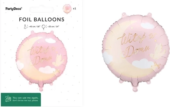 Palloncino in foil a forma di pastiglia “Witaj w Domu” rosa 35 × 35 cm