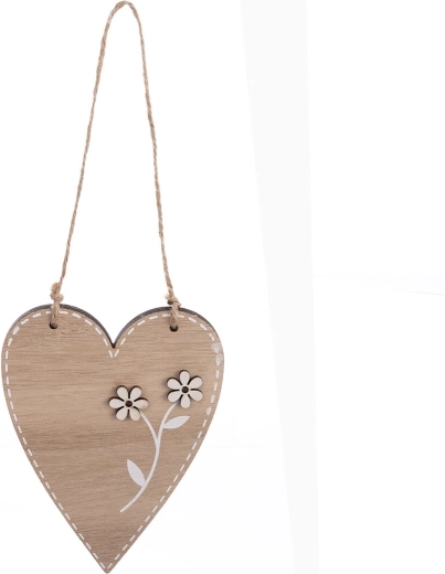 Decorazione sospesa in legno a forma di cuore con fiore beige 13 cm