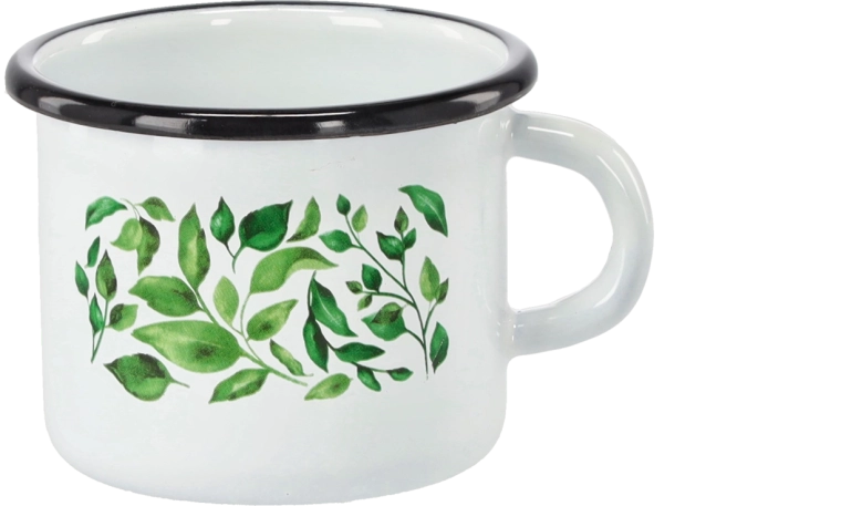 Tazza smaltata 0,5 l bianca con motivo ficus