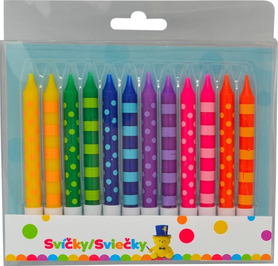 Candeline di compleanno 8 cm con pois e righe, 12 pz