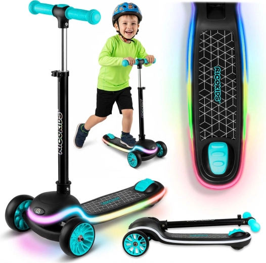 Monopattino bilanciato per bambini a tre ruote con pannello LED Ricokids Leddi – nero‑turchese