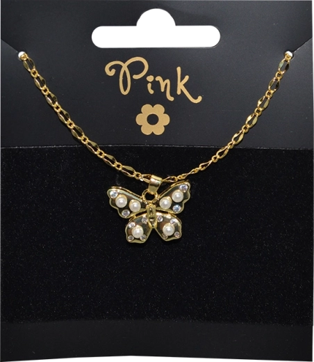 Collana placcata oro con ciondolo a farfalla e perle