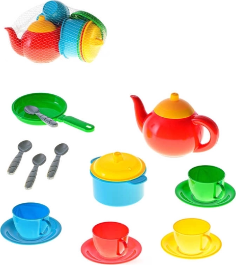 Set di stoviglie in plastica per bambini per tè e cucina in rete (16 pz)