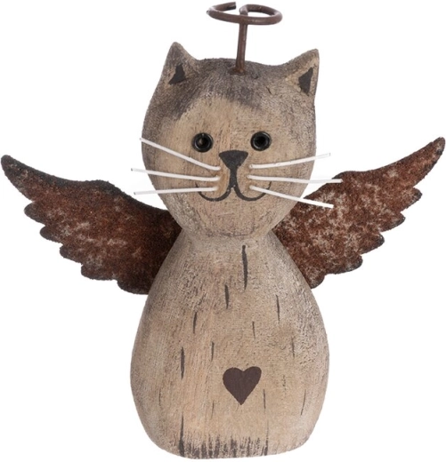 Decorazione gatto in paulownia e metallo beige 12 cm