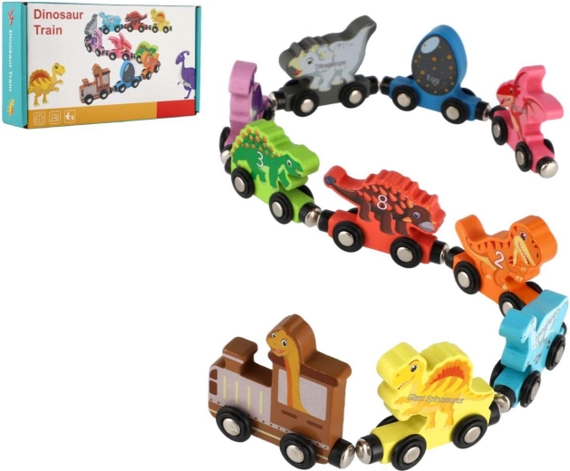 Trenino di legno con dinosauri magnetici, 10 pezzi