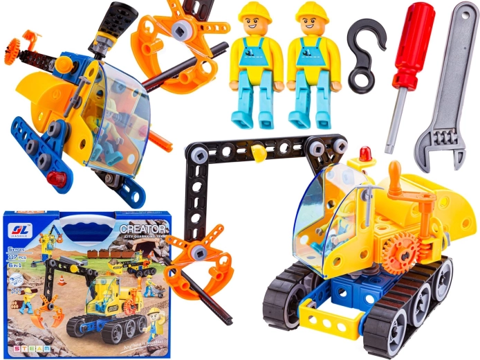 Set di costruzioni 6 in 1 – macchine e veicoli da cantiere (auto, gru, elicottero)